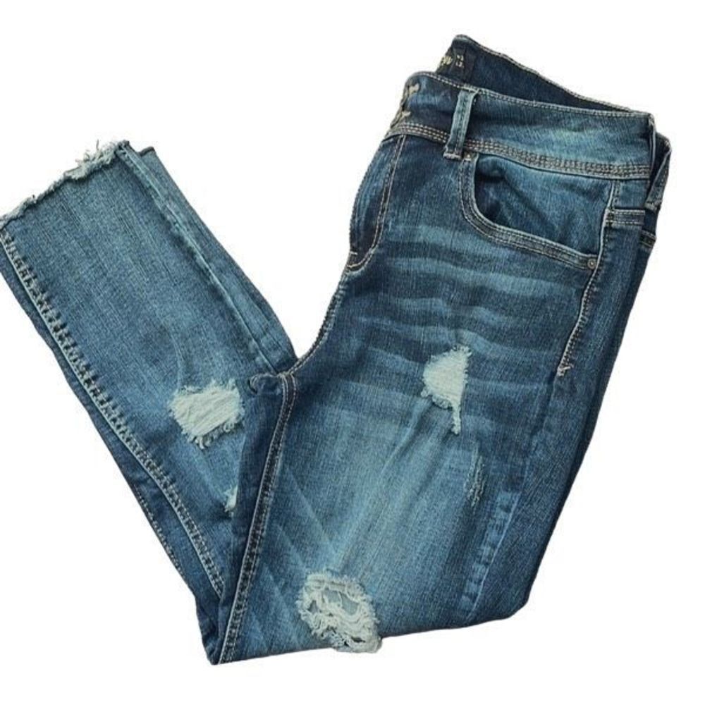 Indigo Rein Distressed Skinny Jeans Stretch Size 11 Juniors Medium Rinse Cropped